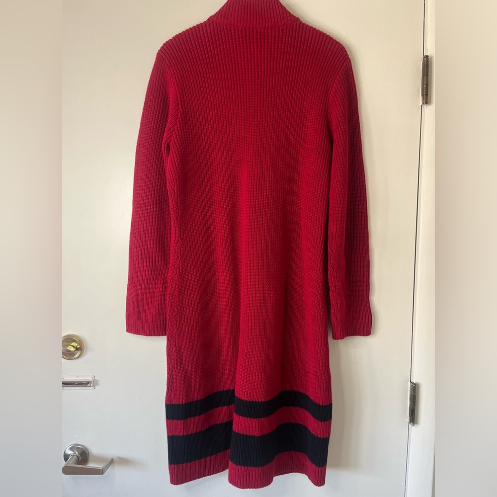Lauren Ralph Lauren Red Black Stripe Knit Sweater Coat Cardigan Cotton - Picture 7 of 9